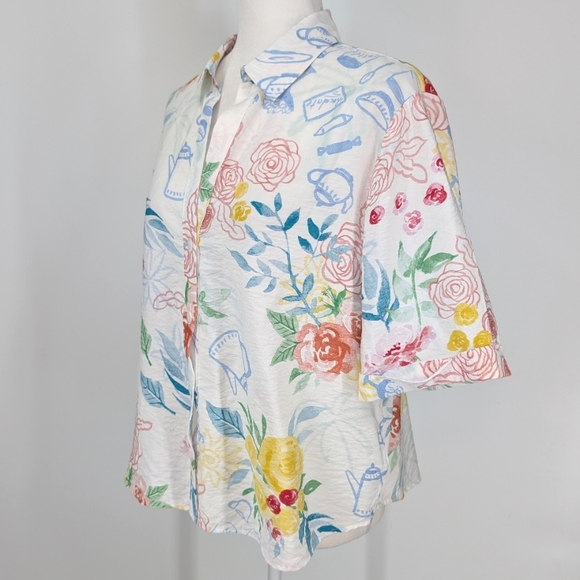 Rachel Zoe White Blue Green Floral Tea Watercolor Short Sleeve Blouse Large - Picture 4 of 12